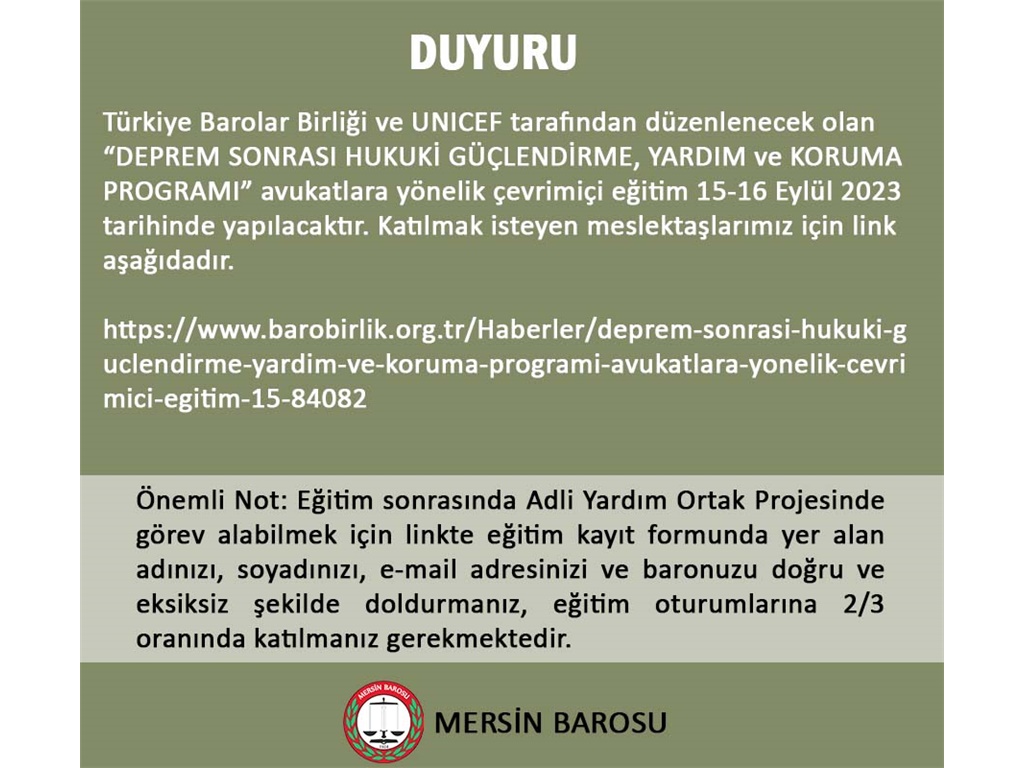 DEPREM SONRASI HUKUKİ GÜÇLENDİRME, YARDIM ve KORUMA PROGRAMI