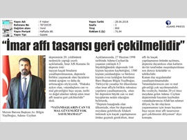 BASINDA BAROMUZ (Baro Başkanımız Bilgin Yeşilboğaz: "İmar Affı Yasa Tasarısı Geri Çekilmelidir)