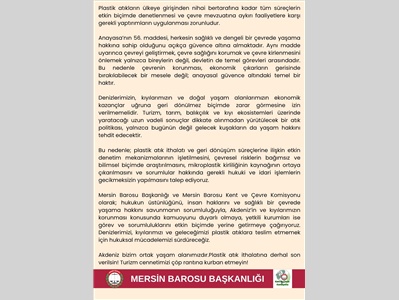 MERSİN BAROSU:  “PLASTİK ATIK İTHALATINA DERHAL SON VERİLSİN!“