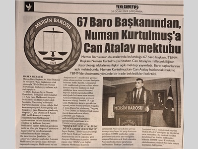 Baro Başkanlarından Numan Kurtulmuş'a Can Atalay Mektubu