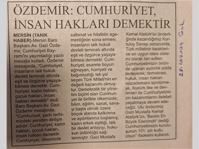 Baro Başkanımızdan 29 Ekim Cumhuriyet Bayramı mesajı