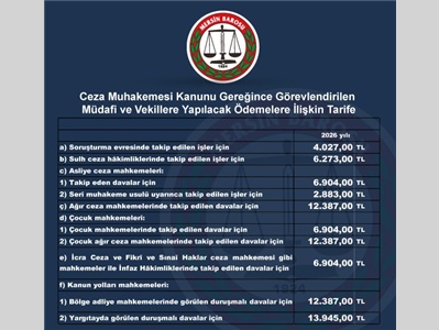 CMK GÖREVLENDİRMELERİNDE MÜDAFİ VE VEKİLLERE YAPILACAK ÖDEME TARİFESİ